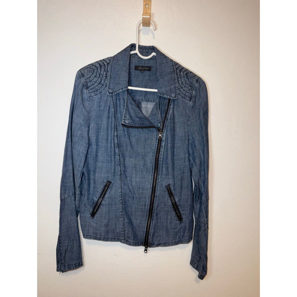 Anthropologie Level 99 light Blue Denim Jean Jacket L with Black Zippers